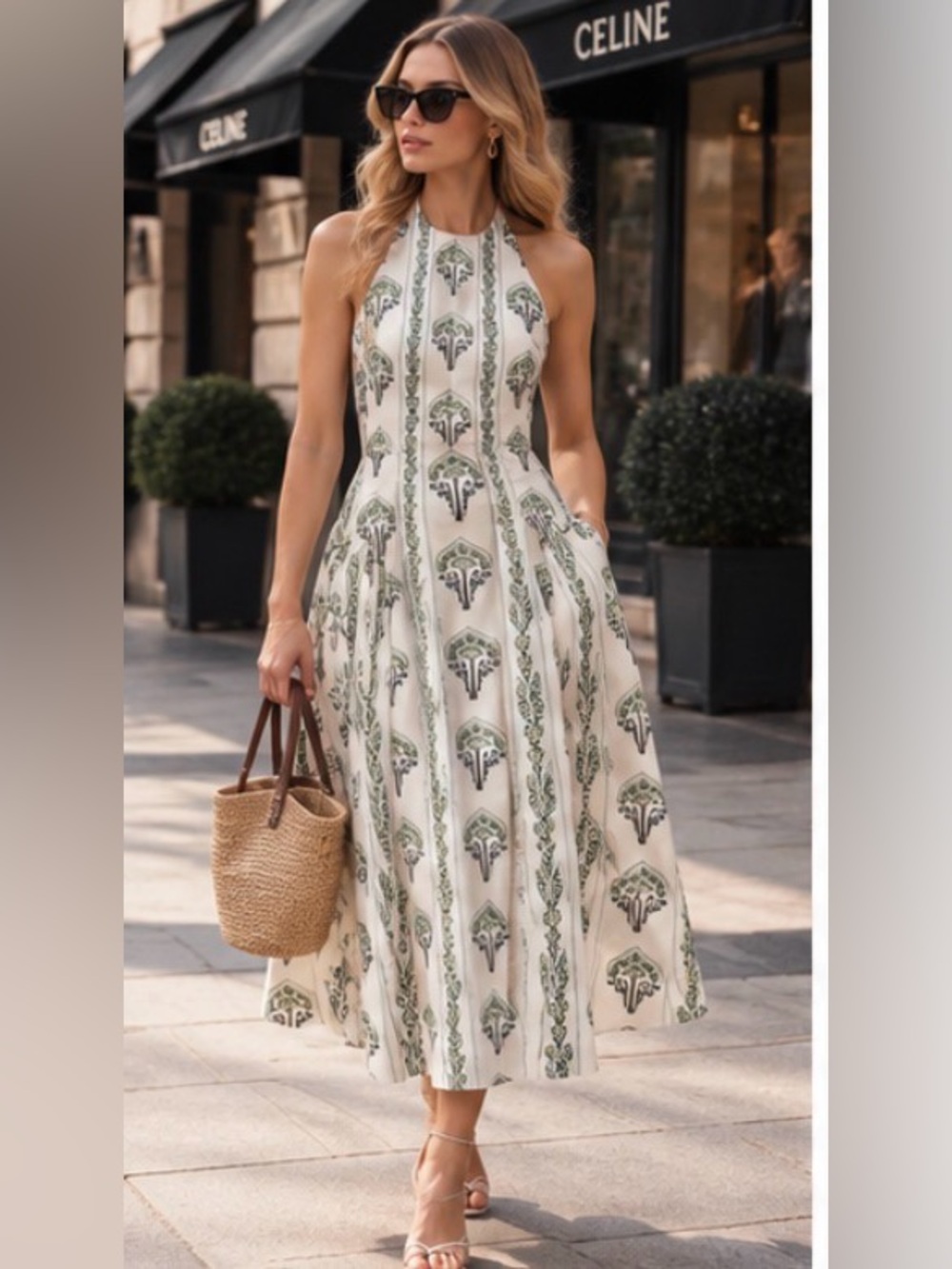 Agua by Agua Bendita Cream Halter Midi Dress with Green Print, never worn